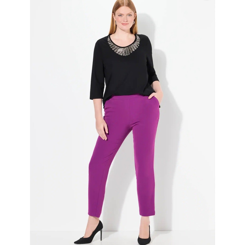 NWT Ulla‎ Popken Womens 24W Purple Acetate Slim Leg Elastic Waist Pants X123
